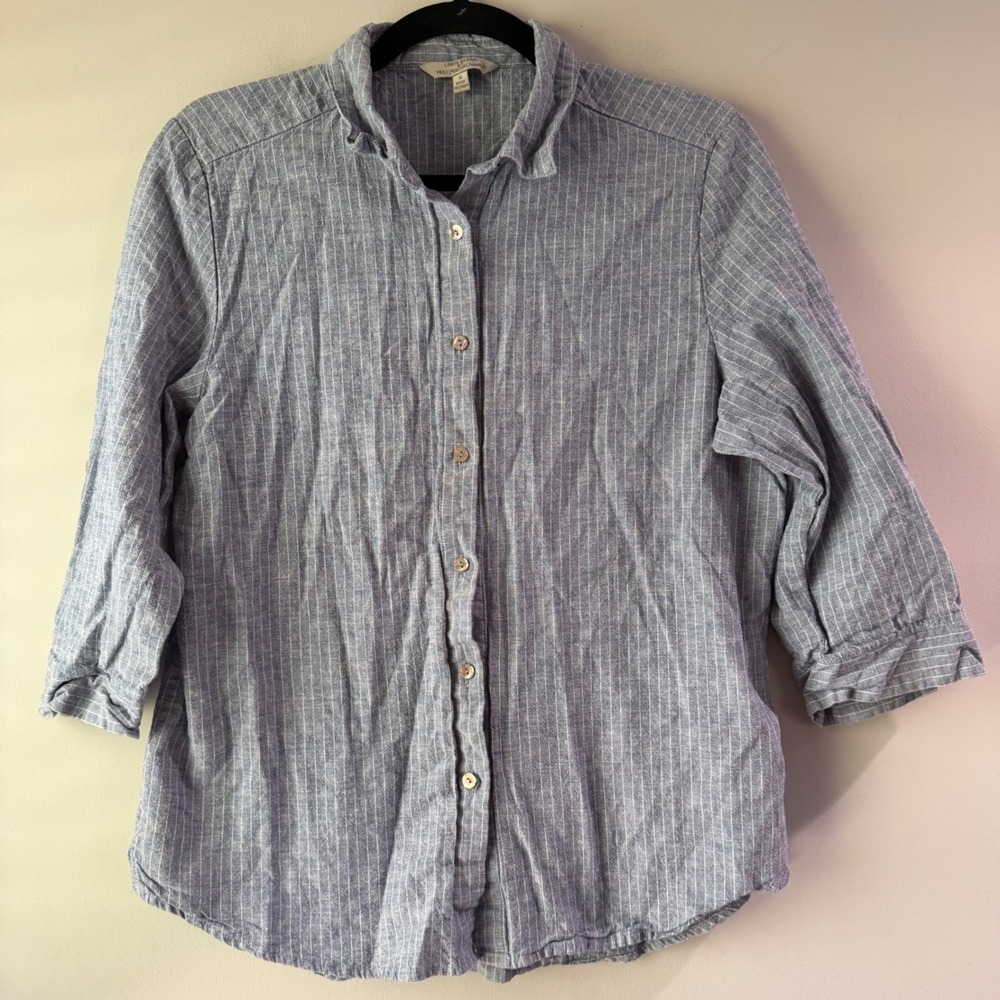 Hester & Orchard Button Down Shirt Womens Medium Blue Pinstripe Linen Blend